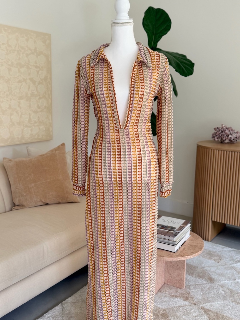 Long Sleeve Collared Maxi Dress in Muted Multi-Stripe